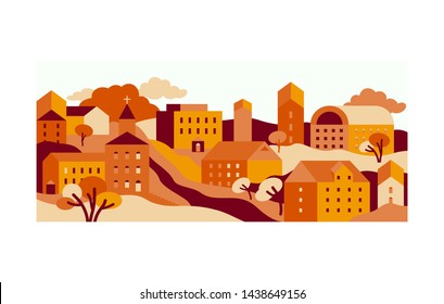City view with buildings - icons set of urban landscape in the afternoon. Abstract background for banners, covers - orange vinous colored. Vector illustration.