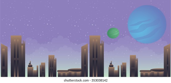 City View with Buildings and small Green and big Blue Moon Cartoon Vector