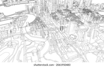 City view. Buildings and streets. Vector rendering of 3d