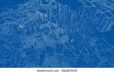 Vista de la ciudad. Edificios y calles. Representación vectorial de 3d