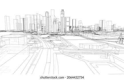 Vista de la ciudad. Edificios y calles. Representación vectorial de 3d