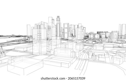 City view. Buildings and streets. Vector rendering of 3d