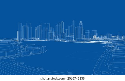 City view. Buildings and streets. Vector rendering of 3d