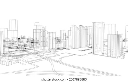 City view. Buildings and streets. Vector rendering of 3d