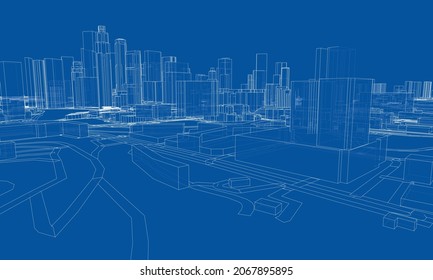 City view. Buildings and streets. Vector rendering of 3d