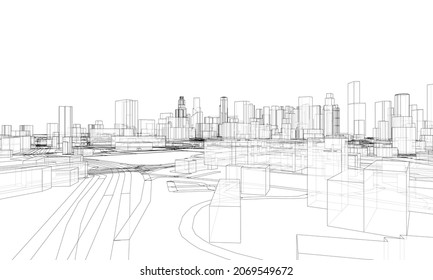 City view. Buildings and streets. Vector rendering of 3d
