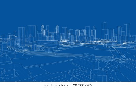 City view. Buildings and streets. Vector rendering of 3d