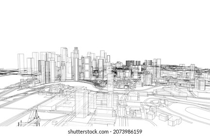 City view. Buildings and streets. Vector rendering of 3d