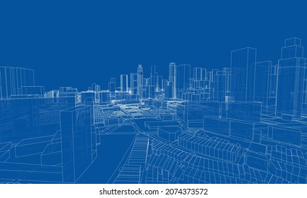 City view. Buildings and streets. Vector rendering of 3d