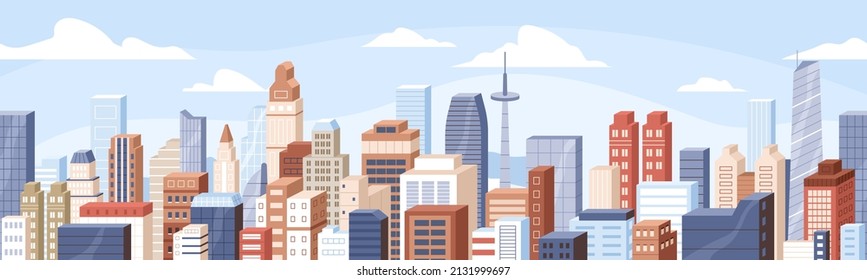 Vista de la ciudad con edificios de negocios, rascacielos y cielo. El paisaje urbano del centro. Panorama Metropolis, patrón horizontal sin costuras. Distrito financiero a la hora del día. Ilustración vectorial plana