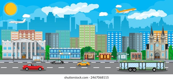 City view. Cityscape. Office and residental buildings, shops, church, bank, police. Road, bus and cars. Public transportation system. Clouds sky aircraft and sun. Vector illustration in flat style