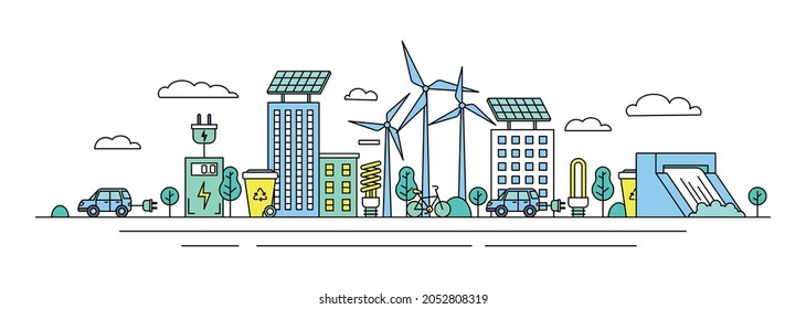 City View Energy Eco Concept Contour Linear Style. Vector illustration of Lineart Cityscape Exterior Building and Solar Panel