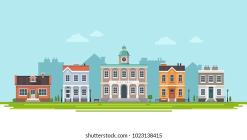 City view with city hall and small residential houses with landscape. Vector illustration in flat style, design template