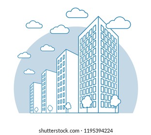 City view with high buildings, clouds, trees, landscape with street blocks, modern residential and tenement houses, linear outline style, vector urban concept