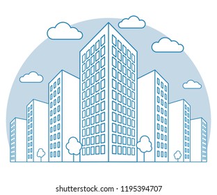 City view with high buildings, clouds, trees, landscape with street blocks, modern residential and tenement houses, linear outline style, vector urban concept