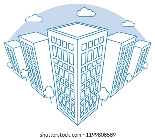 City view with high buildings, clouds, trees, landscape with street blocks, modern residential and tenement houses, linear outline style, vector concept