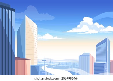 Vista de la ciudad con la ilustración vectorial de rascacielos altos. Centro de negocios, edificios, estilo de vida frenético. Urbanos, paisajes urbanos, concepto de horizonte