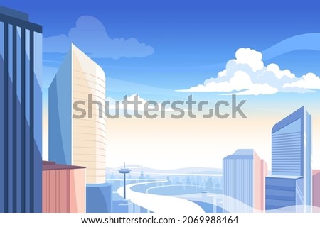 City view with high skyscrapers vector illustration. Business centre, buildings, hectic life flat style. Urban, cityscape, skyline concept