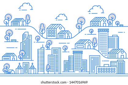 City view illustration with a variety of building shapes with thin line styles