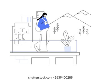 City view isolated cartoon vector illustrations. Girl tourist standing on the roof and watching the panoramic town view, travel and journey time, city trip, cultural experience vector cartoon.