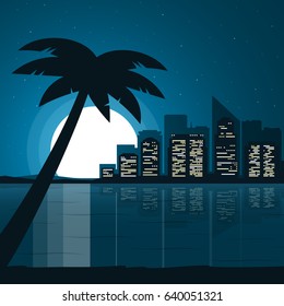 City view at night. Night beach. Night cityscape with full moon in flat style. Vector illustration.