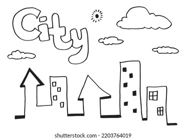 City view with office buildings, clouds and sun, hand drawn doodle vector illustration.