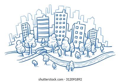 City View With Office Buildings, River And Park, Hand Drawn Doodle Vector Illustration