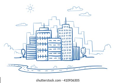 City View With Office Buildings And Road. Hand Drawn Doodle Vector Illustration