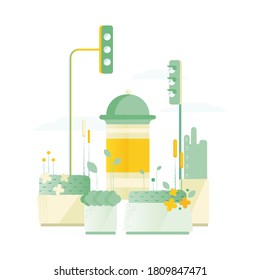 City View with Poster Stand, Flower and Plant Constructions and Traffic Lights. Land Area with Green Grass. Open Air. Cute City Landscape Concept.
