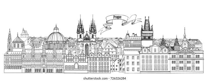 City view. Prague old town landmarks skyline. Travel Czech background