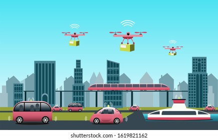 City view with renewable electrified public transports. Driverless vehicles and drones for light deliveries. Everything connected using IoT enabling optimization of resources. Vector Illustration.
