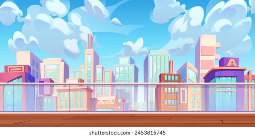 City view from rooftop terrace. Cartoon vector illustration of high balcony with wooden floor and transparent glass railings in downtown. Empty outdoor veranda with view on skyscraper on sunny day.