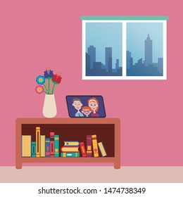 City view from the room window, commode isolated with picture frame and flowers vase on it, pink wall and light floor.
