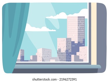 City view with skyscrapers buildings from window. Cityscape indoor view through downtown home apartment window with curtain. City center architecture, urban background flat vector illustration