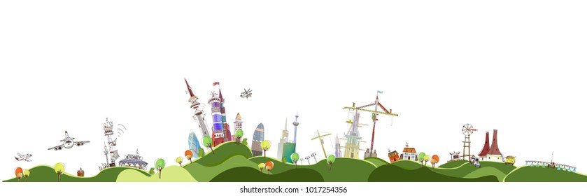 City view with skyscrapers of business area, building construction site with cranes, farm land and city airport