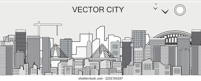 Vista de la ciudad al estilo de la línea de arte.Cartel vector. Paisaje urbano