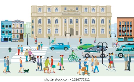 City view with town hall traffic and pedestrians at the zebra crossing