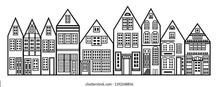 City view of typical old German street. Schnoor in the medieval center of the city of Bremen, Germany.  Isolated on white background. Simple Illustration. Wall art design. 