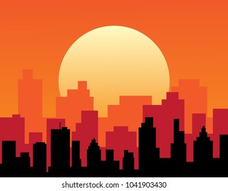 City view with urban elements. Evening cityscape vector illustration. Sunset landscape concept. City at sunset in a flat style. City landscape at twilight. Sunset background. City skyline at sunset.