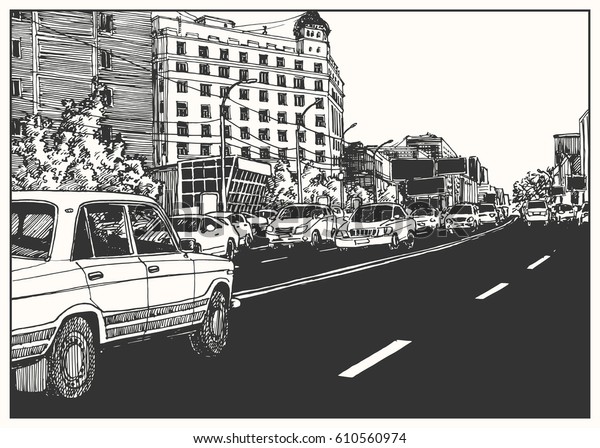 City view urban scene with black asphalt, cars and\
buildings. Black and white dashed style sketch, line art, drawing\
with pen and ink.