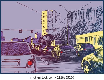 City view urban scene with road traffic and buildings on background. Black and white drawing with pen and ink.
