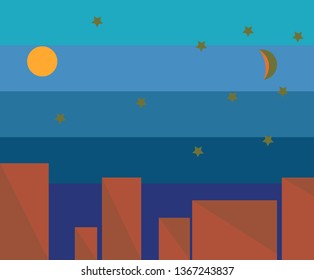 City view, where there are figures of buildings, the sun, crescent, stars and a layered sky.