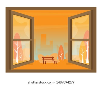City view window background. Autumn view of the open window vector