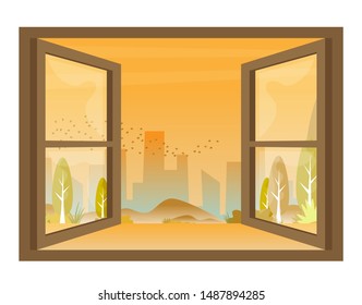 City view window background. Autumn view of the open window vector