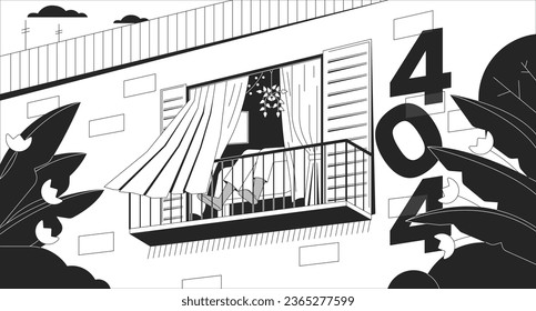 City view from window black white error 404 flash message. Transport window. Monochrome website landing page ui design. Not found cartoon image, dreamy vibes. Vector flat outline illustration concept