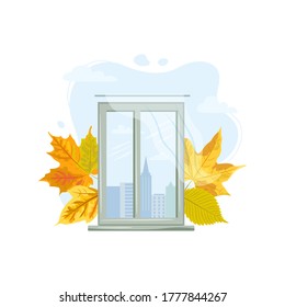 City view window with fallen leaves. Autumn and fall concept. Vector illustration. Flat style design.