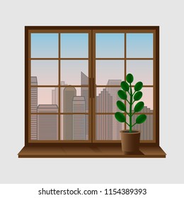 City view from the window with a flower