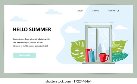 City view window with hot drink mug and books. Cozy home concept. Stay at home and read books. Place for text. Flat cartoon style design. Vector illustration.