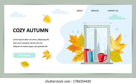 City view window with hot drink mug, books and falled leaves. Cozy fall and autumn concept. Stay home and read books. Vector illustration. Flat style design. Place for text.