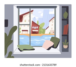City view from window from inside home at day time. Cosy windowsill with cushions and cityscape with houses and river in afternoon, daytime. Comfortable seat on sill. Colored flat vector illustration